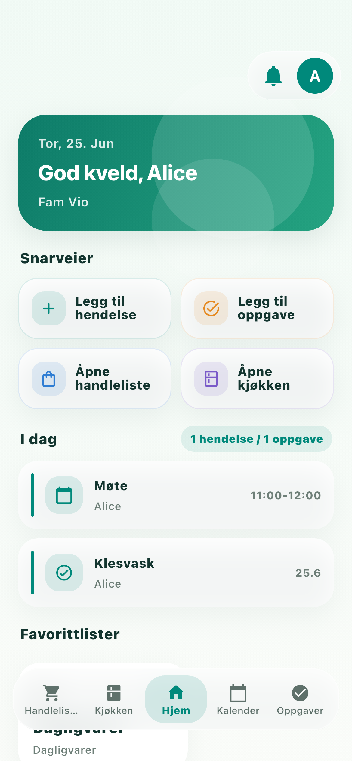 FamVios startskjerm med snarveier, hendelser og oppgaver