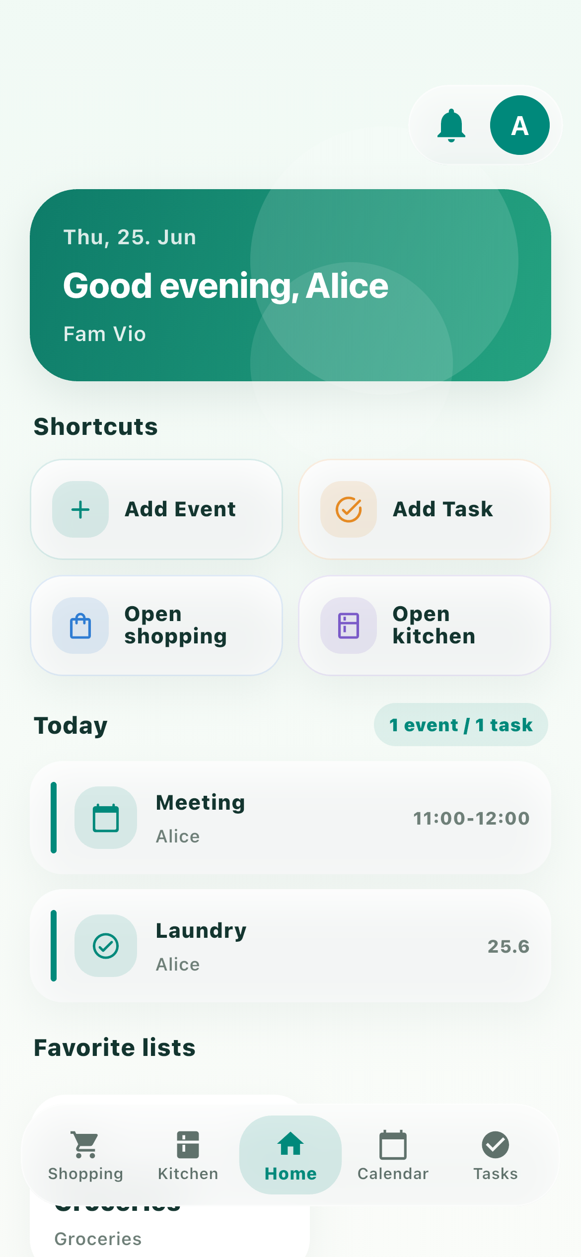 FamVio home screen with shortcuts, events and tasks